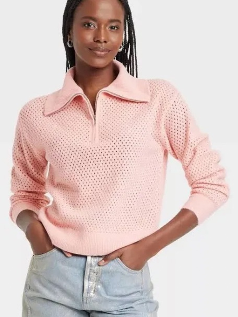 Universal Thread Pink Open-Knit Half-Zip Pullover Sweater